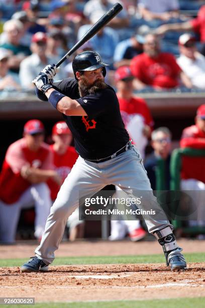 Derek Norris of the Detroit Tigers in action during the Spring Training game against the Philadelphia Phillies at Spectrum Field on February 27, 2018...