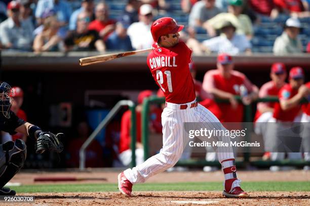 Collin Cowgill of the Philadelphia Phillies in action during the Spring Training game against the Detroit Tigers at Spectrum Field on February 27,...