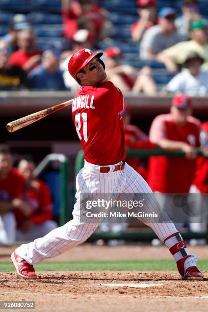 Collin Cowgill of the Philadelphia Phillies in action during the Spring Training game against the Detroit Tigers at Spectrum Field on February 27,...