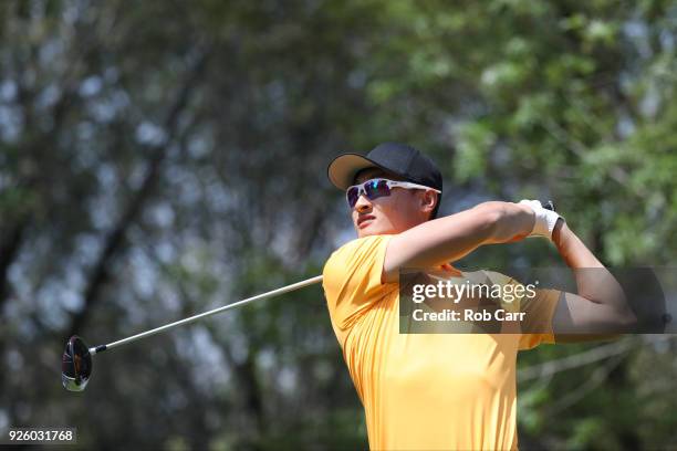 Haotong Li of China tees off on the 15th hole during the first round of World Golf Championships-Mexico Championship at Club de Golf Chapultepec on...