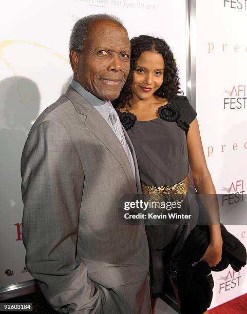 Actor Sidney Poitier and daughter actress Sydney Tamiia Poitier arrive at the screening of "Precious: Based On The Novel 'PUSH' By Sapphire" during...