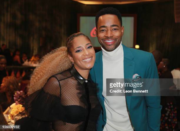 Amanda Seales and Jay Ellis onstage during the 2018 Essence Black Women In Hollywood Oscars Luncheon at Regent Beverly Wilshire Hotel on March 1,...