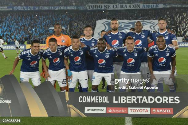 Players of Millonarios pose prior a Group G match between Millonarios and Corinthians as part of Copa CONMEBOL Libertadores 2018 at Estadio El Campin...