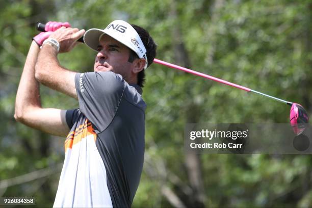 Bubba Watson tees off on the 11th hole during the first round of World Golf Championships-Mexico Championship at Club de Golf Chapultepec on March 1,...