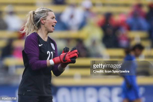 England goalkeeper Carly Telford celebrates after the international game between England and France women's national teams on March 01, 2018 at...