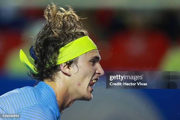 Alexander Zverev of Germany gestures during a match between Peter Gojowczyk of Germany and Alexander Zverev of Germany as part of the Telcel ATP...