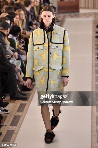 Model walks the runway during the Carven show as part of the Paris Fashion Week Womenswear Fall/Winter 2018/2019 on March 1, 2018 in Paris, France.