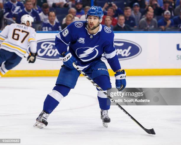 Cory Conacher of the Tampa Bay Lightning skates against the Buffalo Sabres during the first period at Amalie Arena on February 28, 2018 in Tampa,...