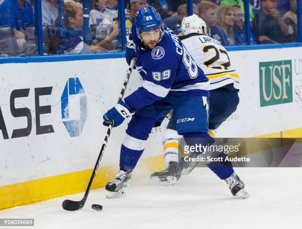 Cory Conacher of the Tampa Bay Lightning skates against the Buffalo Sabres during the first period at Amalie Arena on February 28, 2018 in Tampa,...