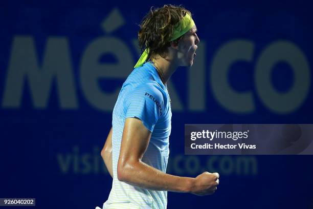 Alexander Zverev of Germany celebrates a point during a match between Peter Gojowczyk of Germany and Alexander Zverev of Germany as part of the...