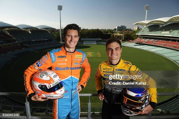 Nick Percat driver of the Brad Jones Racing Commodore ZB and Tim Slade driver of the Freightliner Racing Holden Commodore ZB pose for a photo at...