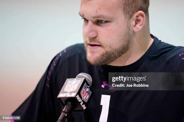 Michigan State offensive lineman Brian Allen speaks to the media during NFL Combine press conferences at the Indiana Convention Center on March 1,...
