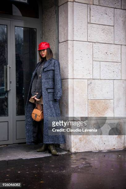 Aimee Song, in Chloe total look, is seen in the streets of Paris before the Chloe show during Paris Fashion Week Womenswear Fall/Winter 2018/2019 on...