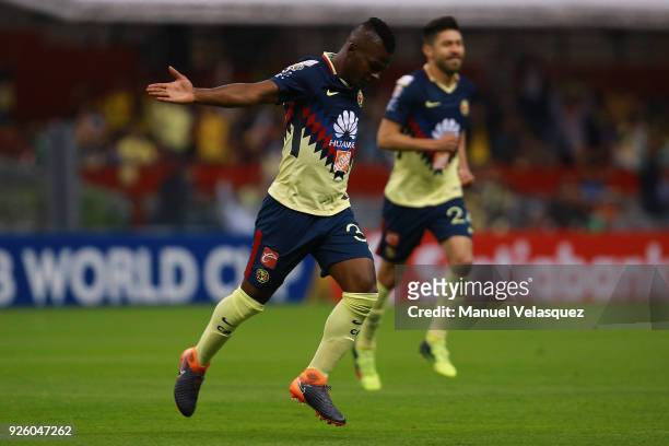 Darwin Quintero of America celebrates after scoring the first goal of his team during the match between America and Saprissa as part of the round of...