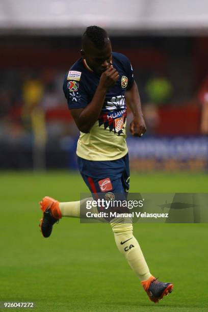 Darwin Quintero of America celebrates after scoring the first goal of his team during the match between America and Saprissa as part of the round of...