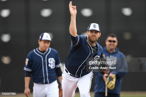 Tom Wilhelmsen of the San Diego Padres during a workout at the Peoria Sports Complex on February 21, 2018 in Peoria, Arizona.
