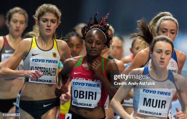 Laura Muir from Great Britain, Hellen Obiri of Kenya and Konstanze Klosterhalfen from Germany during the Women's 3000m at Arena Birmingham on March...