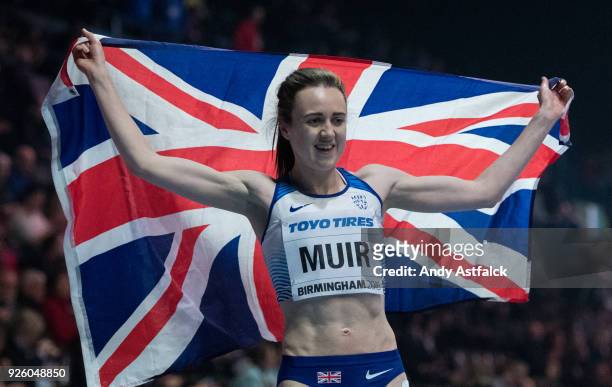 Laura Muir from Great Britain celebrates her third place during the Women's 3000m at Arena Birmingham on March 1, 2018 in Birmingham, England.