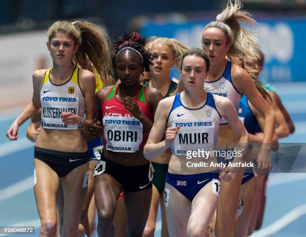 Laura Muir from Great Britain, Hellen Obiri of Kenya and Konstanze Klosterhalfen from Germany during the Women's 3000m at Arena Birmingham on March...