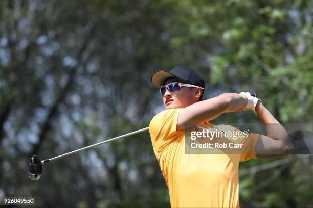 Haotong Li of China tees off on the 15th hole during the first round of World Golf Championships-Mexico Championship at Club de Golf Chapultepec on...