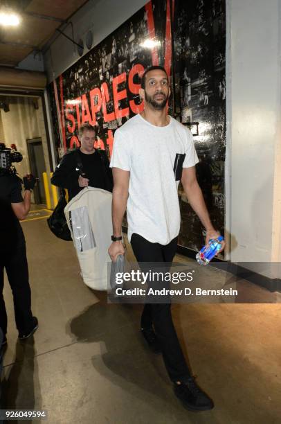 Brandan Wright of the Houston Rockets arrives before the game against the LA Clippers on February 28, 2018 at STAPLES Center in Los Angeles,...