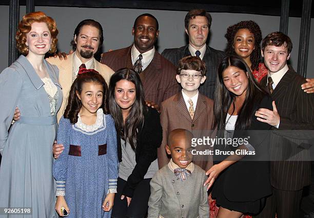 Lea Michele and Jenna Ushkowitz pose with the cast backstage at the hit revival of "Ragtime" on Broadway at The Neil Simon Theater on November 1,...