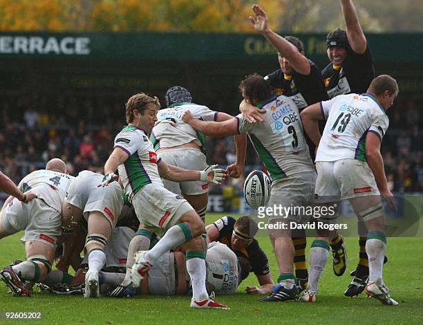 Andy Gomarsall of Leeds kicks the ball upfield during the Guinness Premiership match between London Wasps and Leeds Carnegie at Adams Park on...