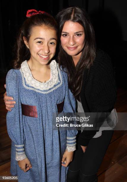 Sarah Rosenthal as "The Little Girl" and Lea Michele pose backstage at the hit revival of "Ragtime" on Broadway at The Neil Simon Theater on November...