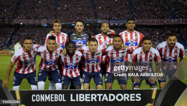 Colombia's Atletico Junior players pose before their Copa Libertadores football match against Brazil's Palmeiras at Roberto Melendez stadium in...