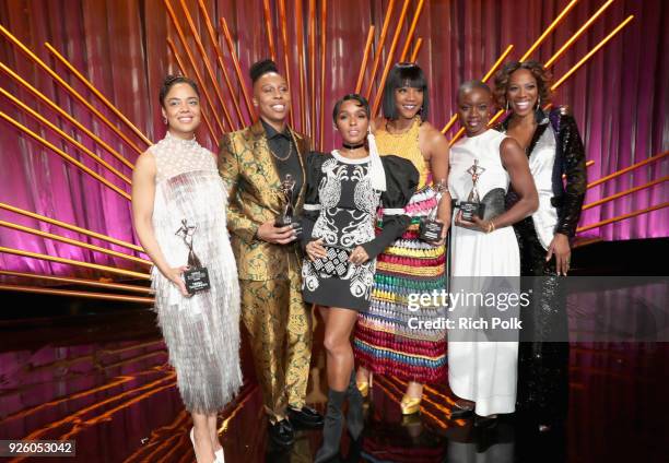 Honoree Tessa Thompson, Honoree Lena Waithe, Janelle Monae, Tiffany Haddish, Honoree Danai Gurira, and Yvonne Orji onstage during the 2018 Essence...