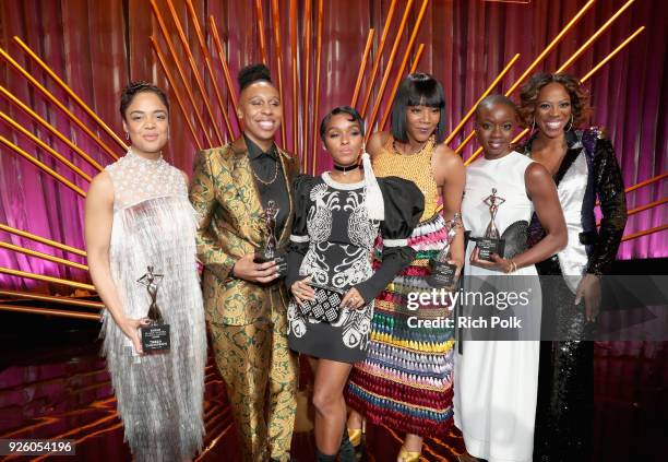 Tessa Thompson, Lena Waithe, Janelle Monae, Tiffany Haddish, Danai Gurira and Yvonne Orji onstage during the 2018 Essence Black Women In Hollywood...