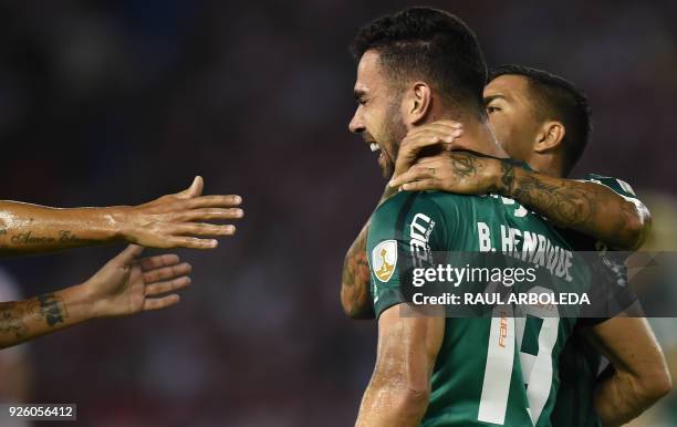 Brazil's Palmeiras player Bruno Henrique celebrates his goal against Colombias Atletico Junior during their Copa Libertadores football match at...