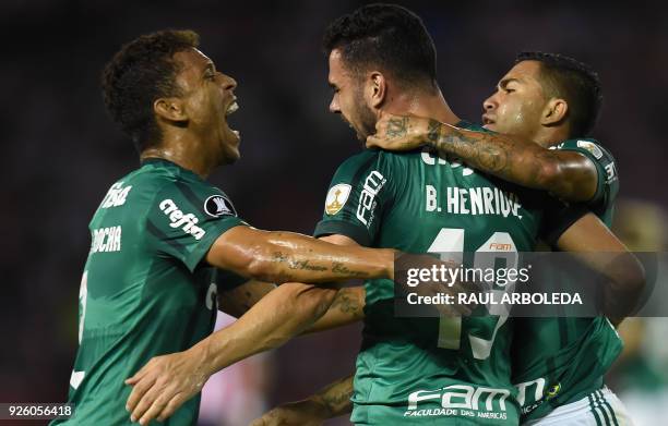 Brazil's Palmeiras player Bruno Henrique celebrates his goal against Colombias Atletico Junior during their Copa Libertadores football match at...