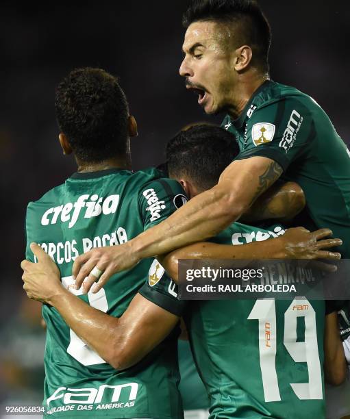 Brazil's Palmeiras player Bruno Henrique celebrates with teammates his goal against Colombias Atletico Junior during their Copa Libertadores football...