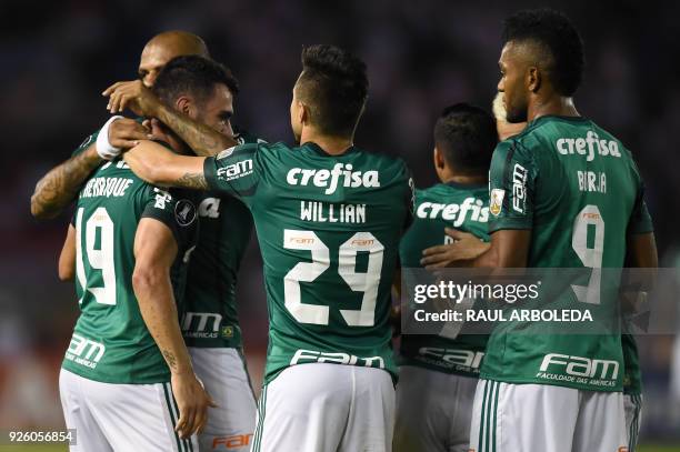 Brazil's Palmeiras player Bruno Henrique celebrates with teammates his goal against Colombias Atletico Junior during their Copa Libertadores football...