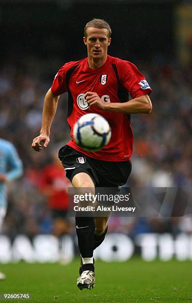 Brede Hangeland of Fulham during the Barclays Premier League match between Manchester City and Fulham at the City of Manchester Stadium on October...