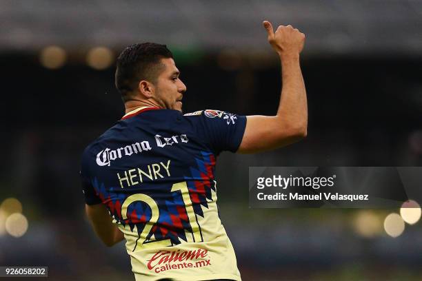 Henry Martin of America gestures during the match between America and Saprissa as part of the round of 16th of the CONCACAF Champions League at...
