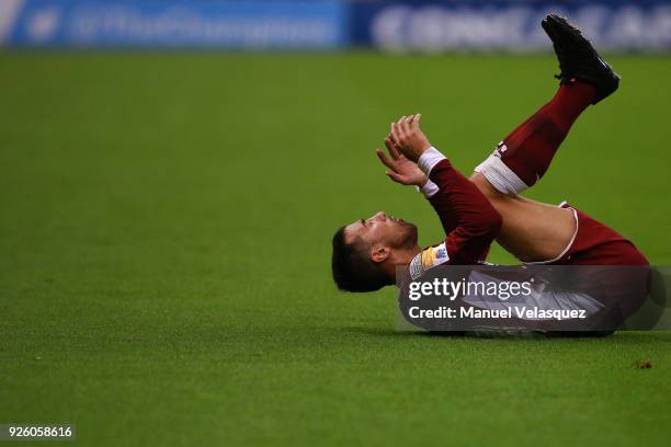 Mariano Torres of Saprissa reacts during the match between America and Saprissa as part of the round of 16th of the CONCACAF Champions League at...