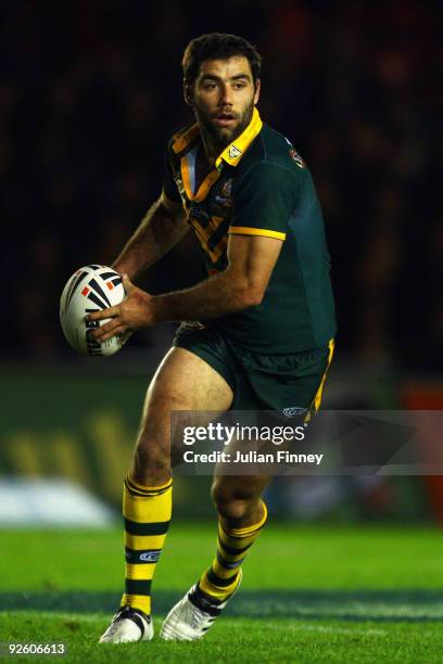 Cameron Smith of Australia runs with the ball during the Gillette Four Nations Rugby League match between Australia and New Zealand at The Twickenham...
