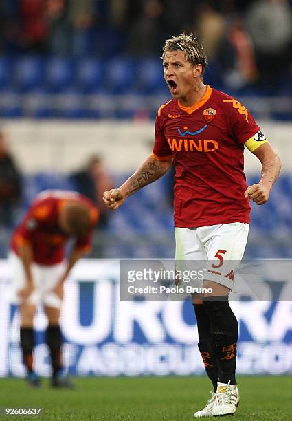 Philippe Mexes of AS Roma celebrates the victory after the Serie A match between AS Roma and Bologna FC at Stadio Olimpico on November 1, 2009 in...