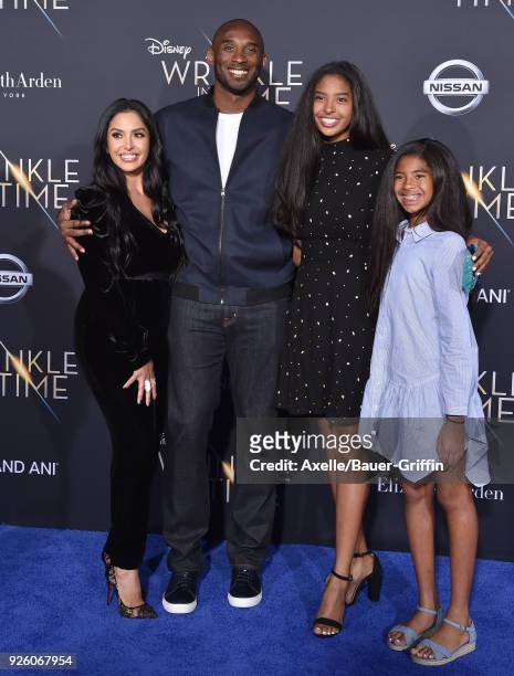 Vanessa Laine Bryant, former NBA player Kobe Bryant, Natalia Diamante Bryant and Gianna Maria-Onore Bryant arrive at the premiere of Disney's 'A...