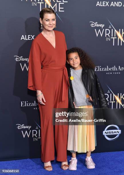 Actress Ellen Pompeo and daughter Stella Ivery arrive at the premiere of Disney's 'A Wrinkle In Time' at El Capitan Theatre on February 26, 2018 in...