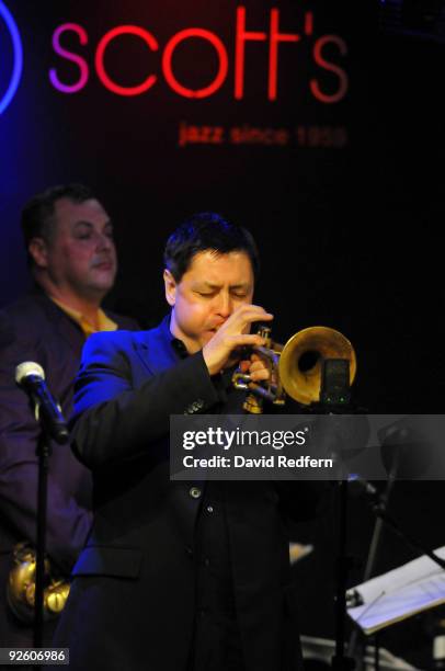 Guy Barker performs on stage with the Ronnie Scotts Big Band to celebrate 50 years of the legendary jazz club at Ronnie Scott's Jazz Club on October...