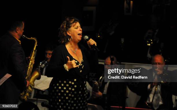 Liane Carroll performs on stage with the Ronnie Scotts Big Band to celebrate 50 years of the legendary jazz club at Ronnie Scott's Jazz Club on...