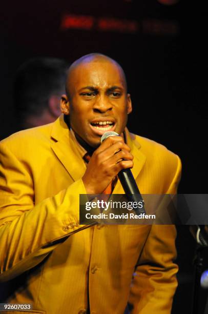 Michael Mwenso performs on stage with the Ronnie Scotts Big Band to celebrate 50 years of the legendary jazz club at Ronnie Scott's Jazz Club on...