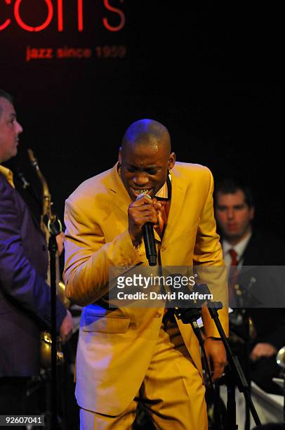 Michael Mwenso performs on stage with the Ronnie Scotts Big Band to celebrate 50 years of the legendary jazz club at Ronnie Scott's Jazz Club on...