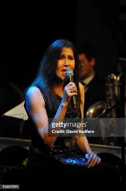 Monica Mancini performs on stage with the Ronnie Scotts Big Band to celebrate 50 years of the legendary jazz club at Ronnie Scott's Jazz Club on...