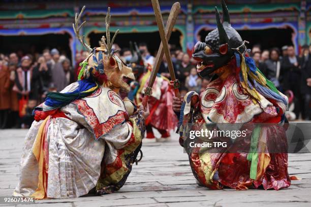 The monks is holding traditional religious activitiesTiao Qianto pray for good blessing at Ta'er Lamasery on 01 March 2018 in Xining,Qinghai, China.