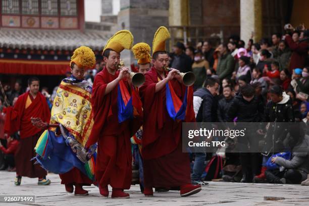 The monks is holding traditional religious activitiesTiao Qianto pray for good blessing at Ta'er Lamasery on 01 March 2018 in Xining,Qinghai, China.