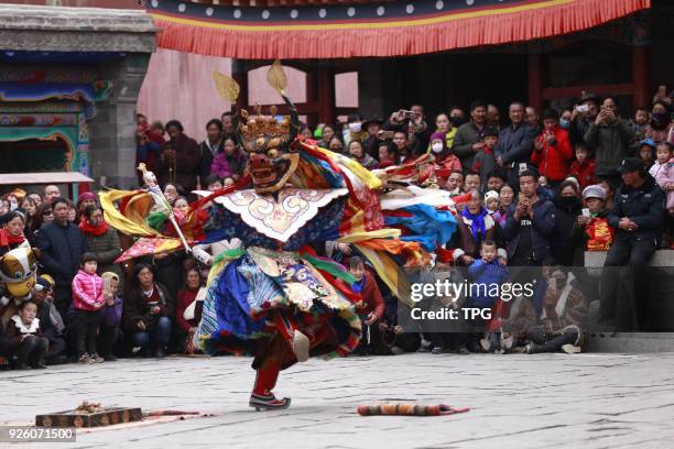 The monks is holding traditional religious activitiesTiao Qianto pray for good blessing at Ta'er Lamasery on 01 March 2018 in Xining,Qinghai, China.